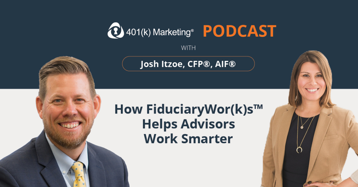 Podcast Image showing the title "401k Marketing Podcast" and headshots of Josh Itzoe and Rebecca Hourihan